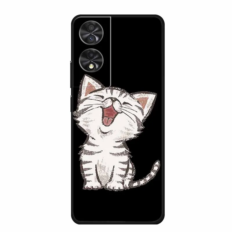 Black Silicone Phone Case with Cartoon Cat Design - Soft Back Cover