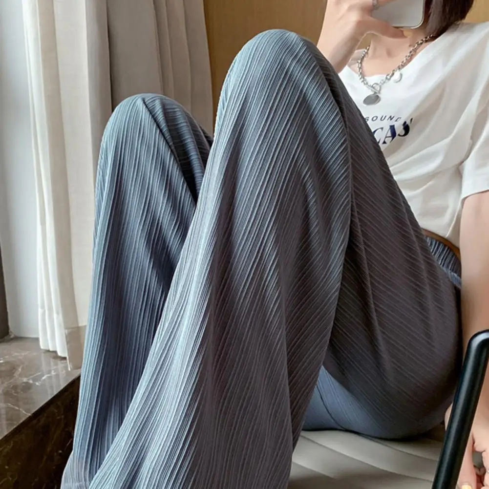

Casual Loose Fit Trousers Stylish Women's Wide Leg Pants Unique Striped Design Adjustable Drawstring Waist Solid Color Long