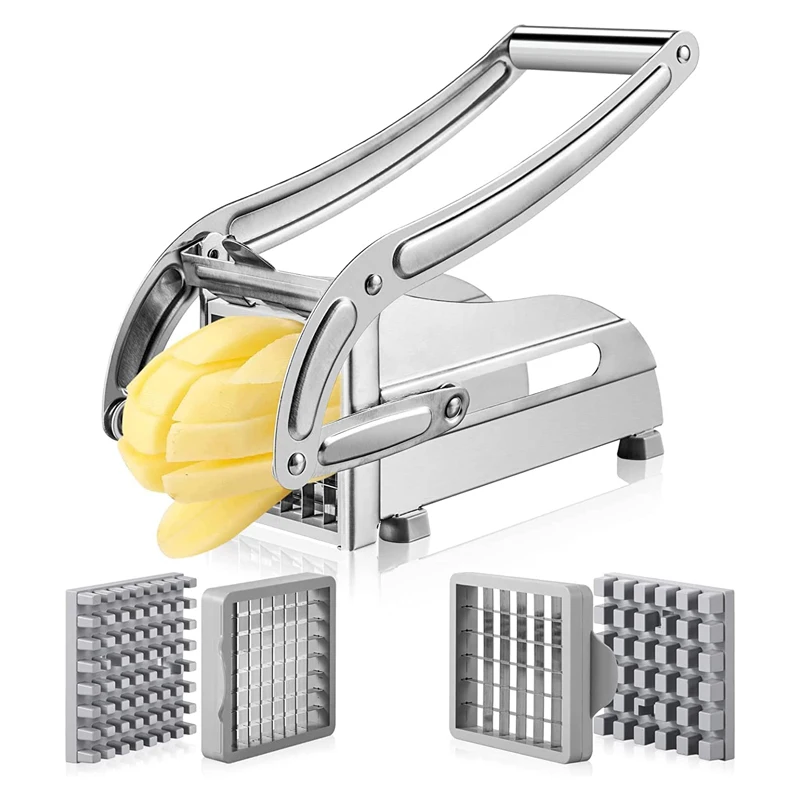 French Fry Cutter Stainless Steel Manual Potato Slicer with 2 Blades