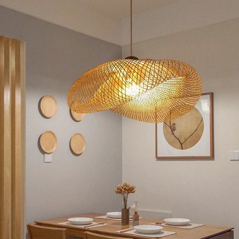 Pendant Lamp HandMade Bamboo Weaving LED Pendant Lamp Home Decor Hanging Chandelier Lighting Living Room Kitchen Vintage Rattan Woven Light