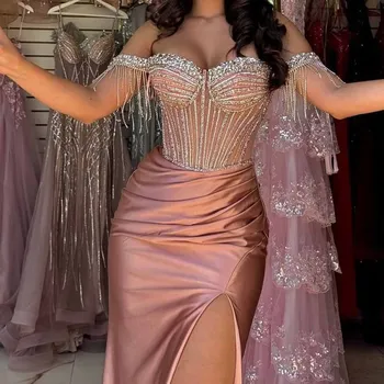 Luxurious Women's Evening Dresses 2025 Stretch Fabric Sheath Celebrity Dress Rose Pink Off-the-shoulder Crystals Prom Gown Long 1