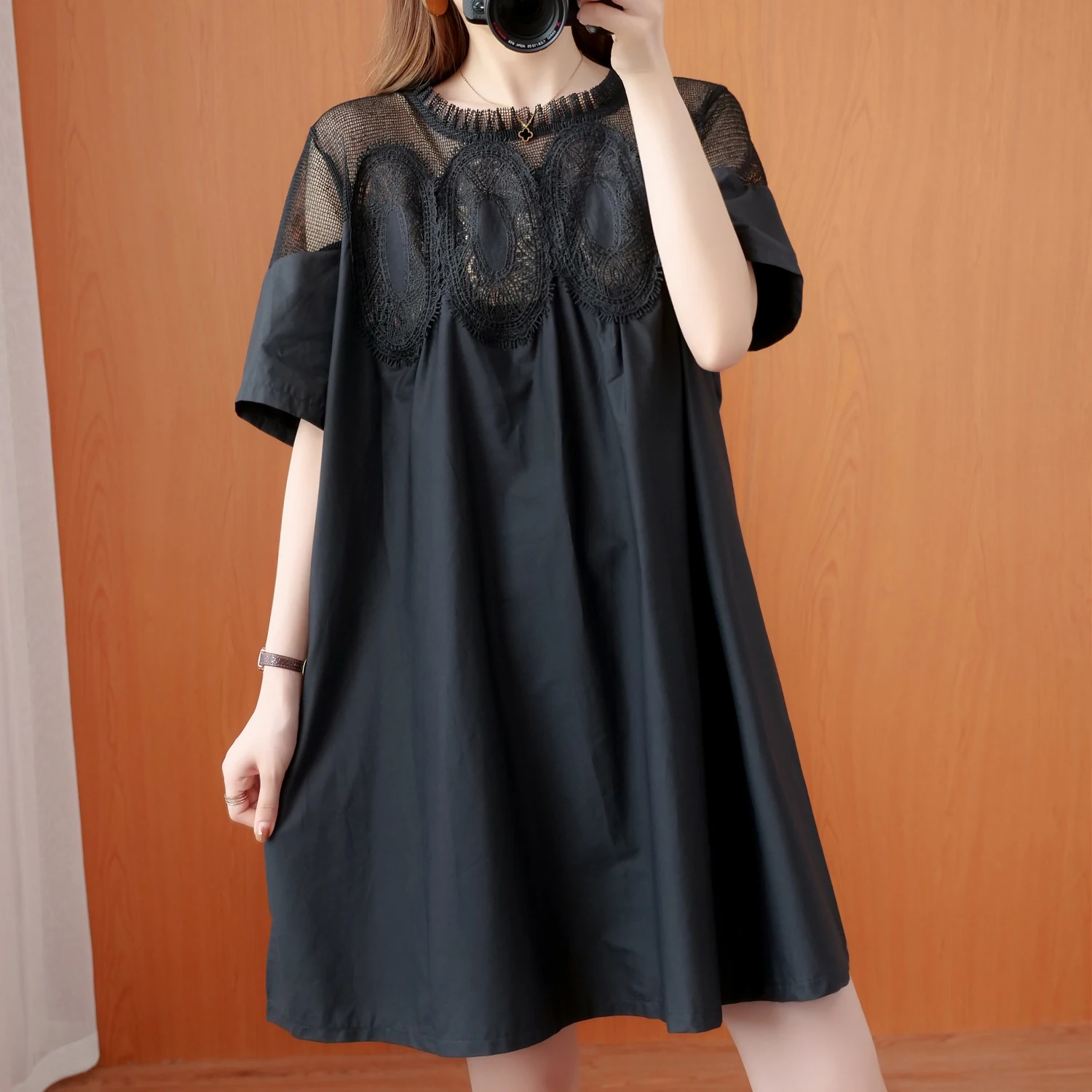 

Loose Black Lace Hollow Out Women Dresses Summer Vintage 2022 O-Neck Short-Sleeved Loose High Waist Female Pulls Tops