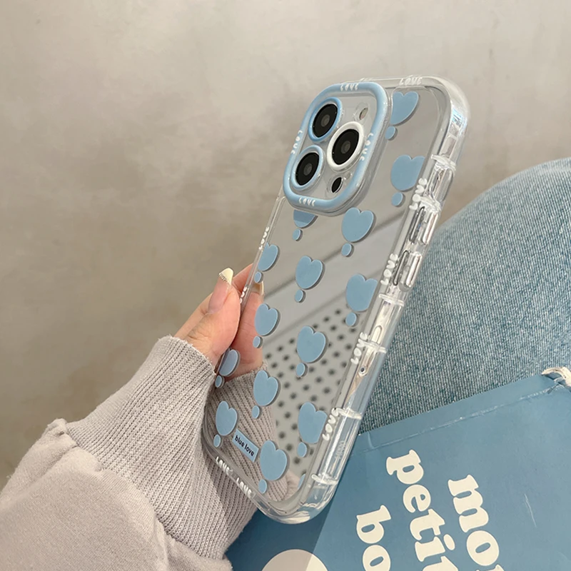 Korean Blue Love Heart Makeup Mirror Phone Case for iPhone