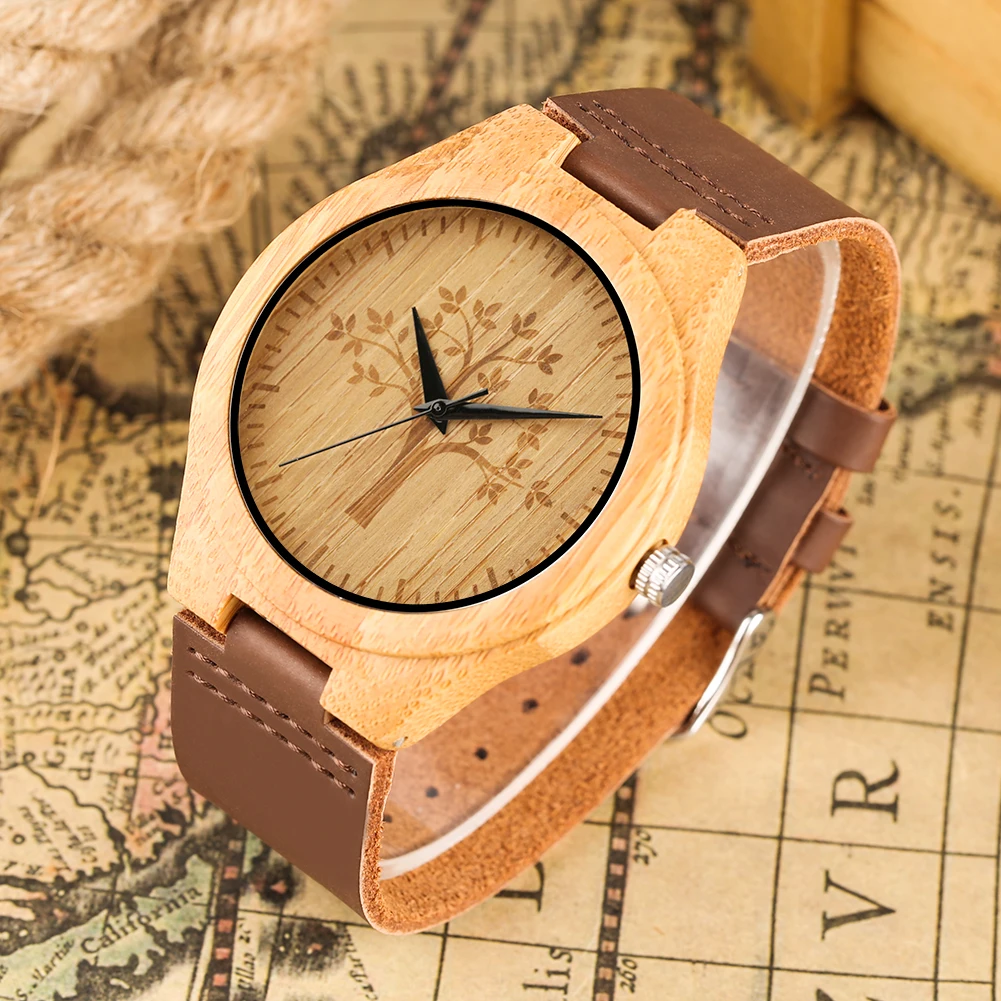 

Nature Bamboo Wood Wristwatch for Men Casual Life Tree Dial Creative Men's Watches Leather Band Watch Timepieces Male Clock Gift