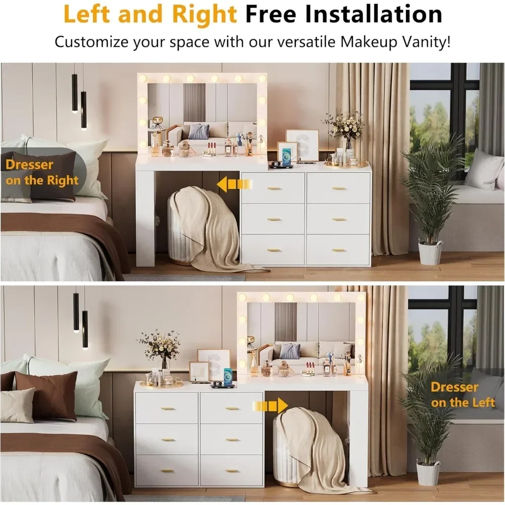 Makeup and Dressing Table with Mirror and 3-color Light, Charging Station, 6 Drawers, 2 Storage Racks, White Dressing Table 4