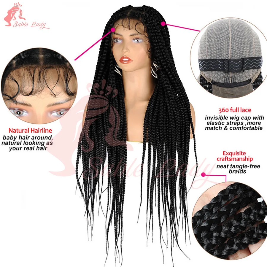 Synthetic Knotless Box Braided Wigs For African Black Women Large Box Full Lace Wigs 36" Cornrow Lace Frontal Braiding Hair