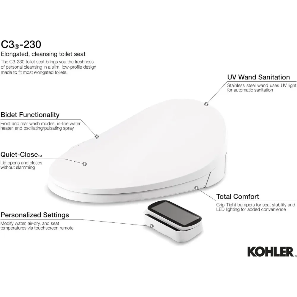 4108-0 PureWash E750 Elongated Electric Bidet Toilet Seat with Remote Control, Bidet Warm Water with Dryer for Existing Toilets