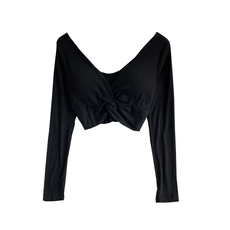 Sexy Knot Low Cut V Ne T irt Women's High Waist ort Top Hong Kong Sle Sve Longevi Autumn New Arrival