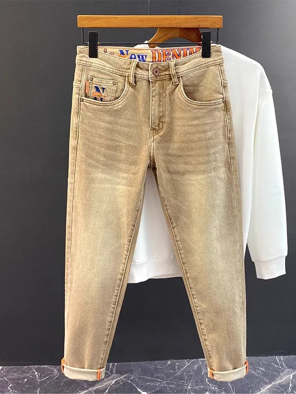 Casual Men's Jeans Summer Khaki Small Straight Leg Elastic Slim Fit Pants Faion Urban Sle Long Trousers Stone Waed