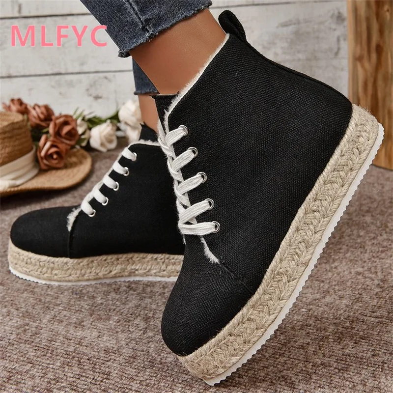 Retro Shoes Women Winter New Thick Sole Solid Color Fashion Casual High Top Single Shoes Ladies Round Toe Simple Flat Sole Boots