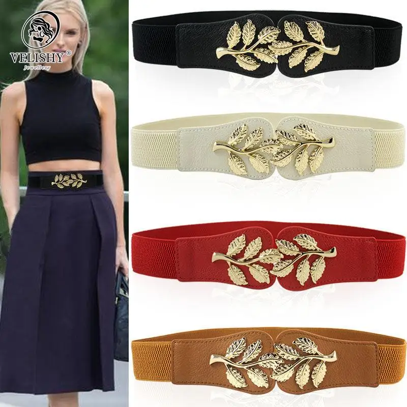 

Fashion leaf waistbands Stretchy lady HOT elastic cummerbunds for women dark blue belt dress gold Double Metal buckle waistband