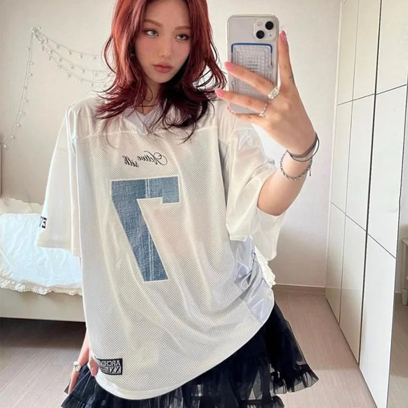 

Y2k модная американская Ретро острая девушка цифровая сетчатая панельная свободная спортивная одежда летняя кавайная футболка с V-образным вырезом большая Повседневная футболка