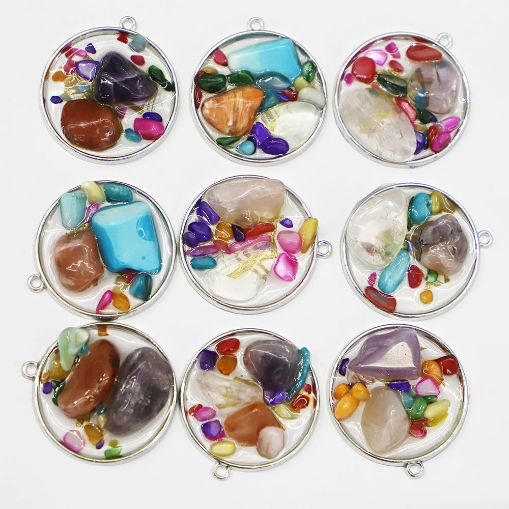 

Selling New Natural Crushed Stone Round Pendant Multicolor Necklace Reiki Charms DIY Fashion Jewelry Accessories Wholesale 12Pcs