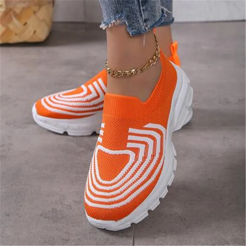 

Striped Knitted Sneakers Women Breathable Mesh Sports Shoes Woman Plus Size Slip-On Autumn Platform Shoes for Female