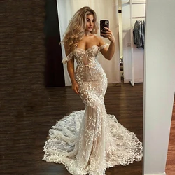 3D Lace Mermaid Wedding Dress Corset Sweetheart Neck Bride Dresses Off the Shoulder Applique Bridal Gowns 2023
