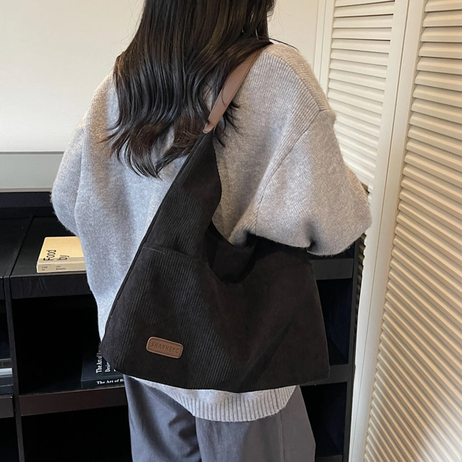 Corduroy Canvas Shoulder Bag Large Capacity Simple Crossbody Bag Casual Tote Bag School Travel Shopping Backpack