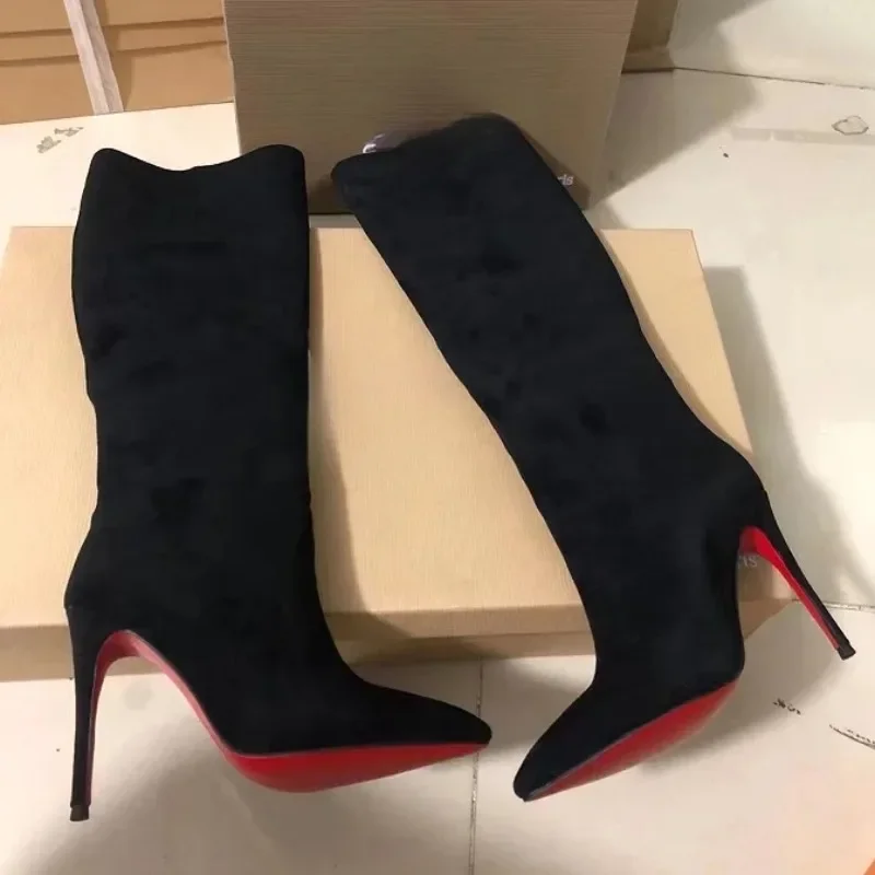 

Роскошные высококачественные модные сексуальные туфли со стразами и красной подошвой, длинные ботинки для женщин, туфли с острым носком, Модные осенние Ботинки на каблуке