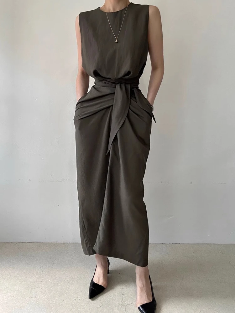 Korejpaa Korean Fashion Summer Dress Elegant Round Neck Twisted Tie Design Waist Slimming Vest Dresses Women Clothes Vestido photo