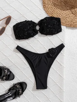 sexy 3D flower bandeau ring black bikinis sets two pieces back tie padded thong swimwear swimsuit female bathing suit biquini