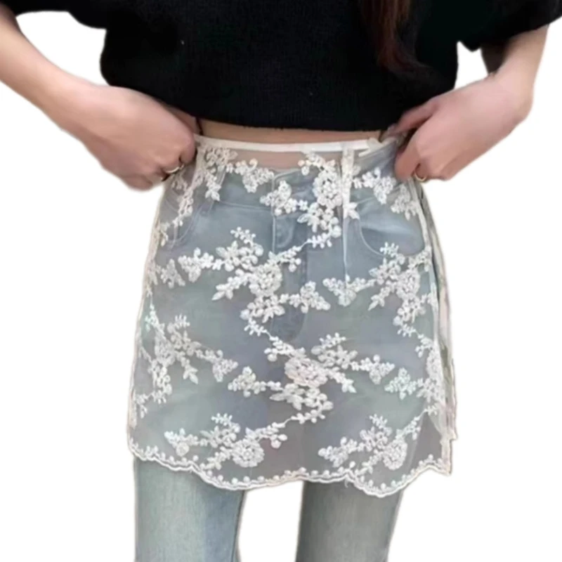 Korean Fashion Sheer Flower Lace Short Apron Skirt Side Button Cover Up Skirt