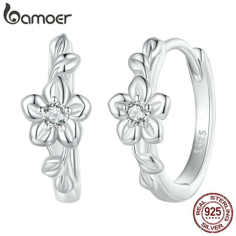 

Bamoer 925 Sterling Silver Flower and Vine Ear Buckles Wreath Hoop Earrings for Women Sweet Zircon Fine Jewelry BSE767
