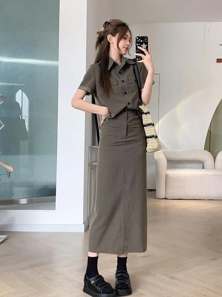2024 Summer New Korean Women's Set Polo Neck Short sleeved Jacket+High Waist Split Skirt Two Piece Set