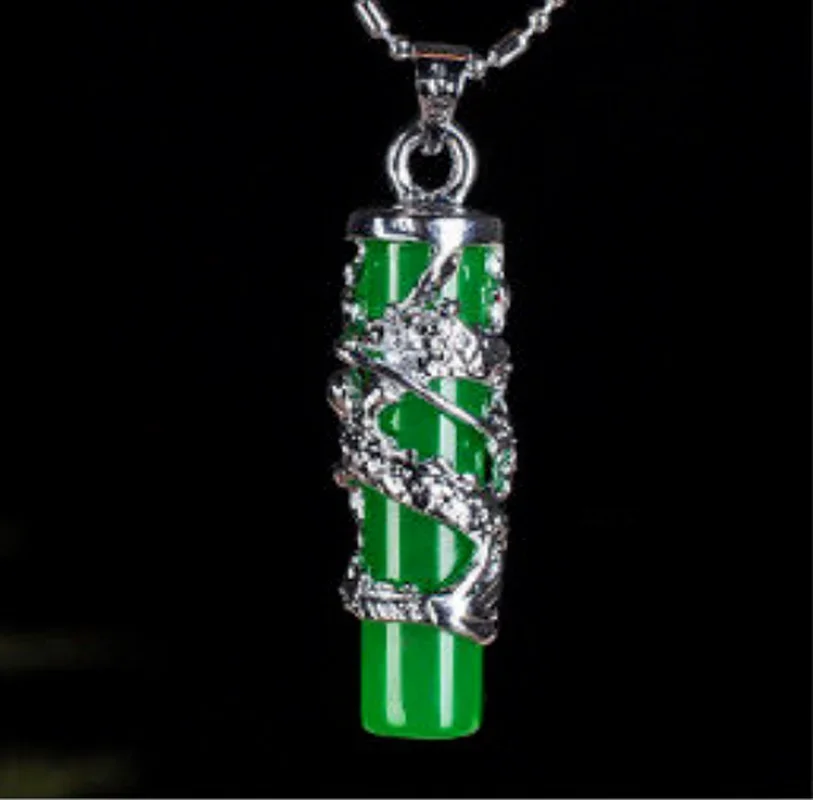 Natural Green Jade Dragon Pillar Pendant 925 Silver Necklace Carved Charm Jewelry Fashion Accessories Amulet for Men Women Gifts