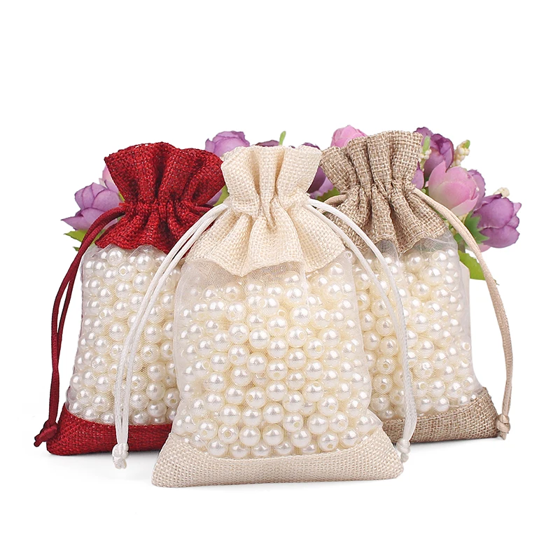 10*14cm Windowed Burlap Bags With Drawstring Rolled Edges Gift Bags Jewelry Packaging Display Candy Storage