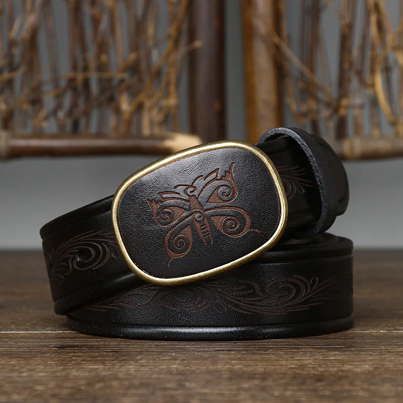 

3.5CM Pure Cowhide Luxury High Quality Genuine Leather Belts for Men Laser Engraving Strap Male Smooth Buckle Jeans Cowboy