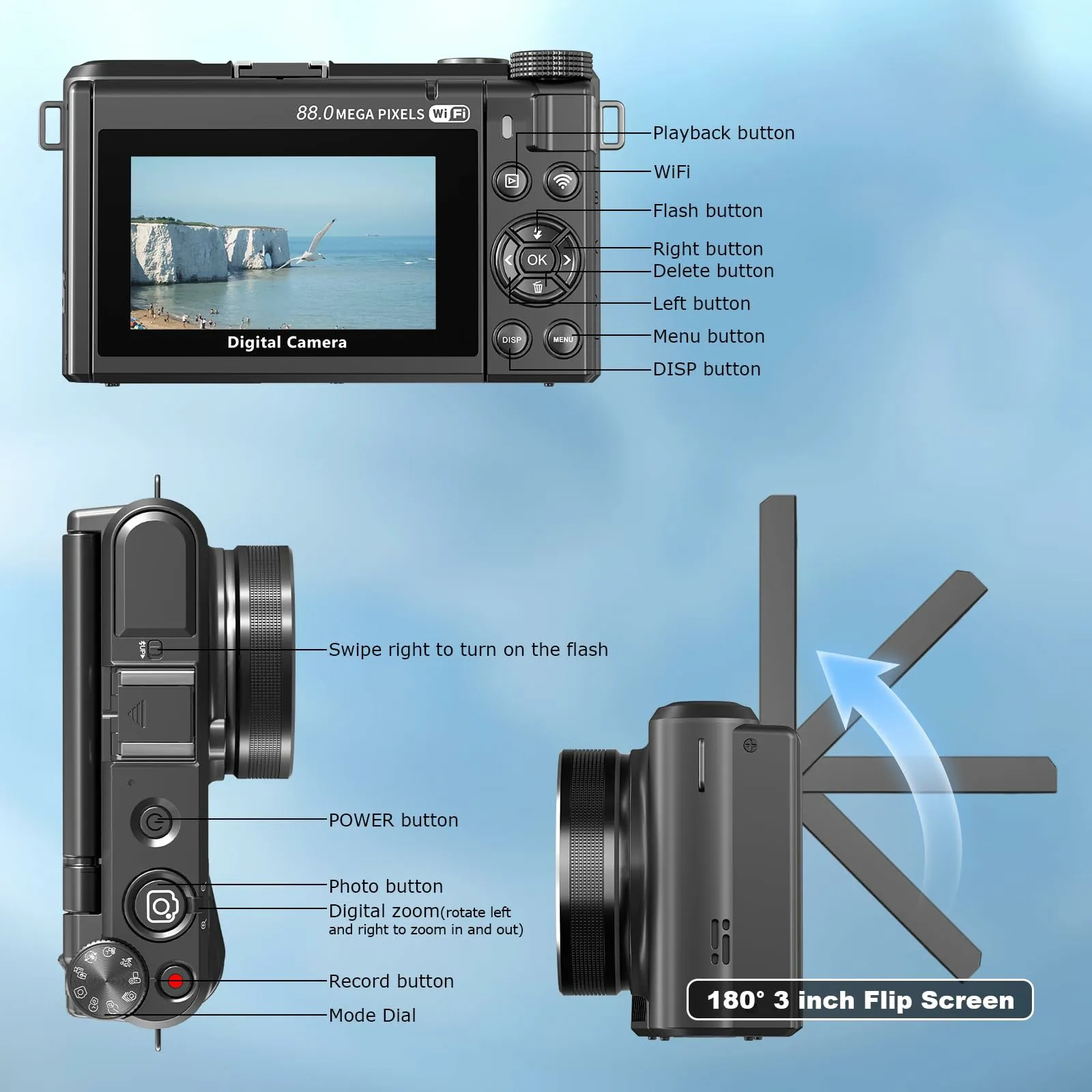 Caméra Action 8K 88MP WiFi Écran Rotatif 3" - Noir ou Rose