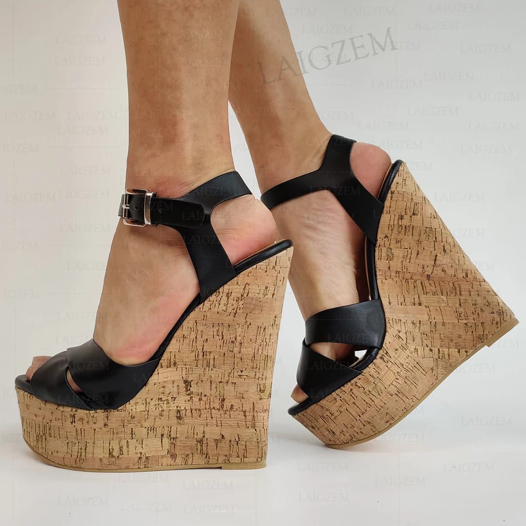 

DOHBANER Women Sandals Platform Wedges Height Increasing Pumps Faux Leather Ladies Ankle Strap Shoes Woman Big Size 41 43 45 52