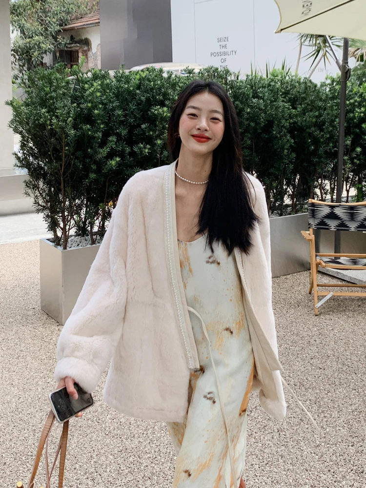 Autumn and Winter Rex Fur V-neck Slimming Real Fur Coat Female Temperament Young Style