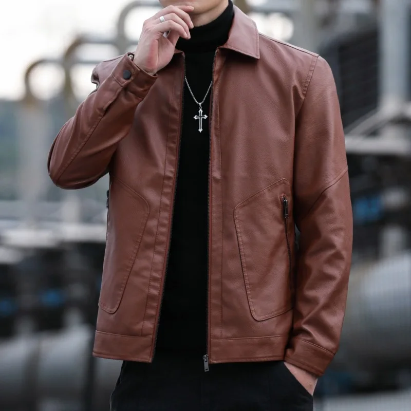 

Мужская Осенняя кожаная куртка с лацканами, молодежная модная красивая Повседневная кожаная одежда в стиле ретро, 2023