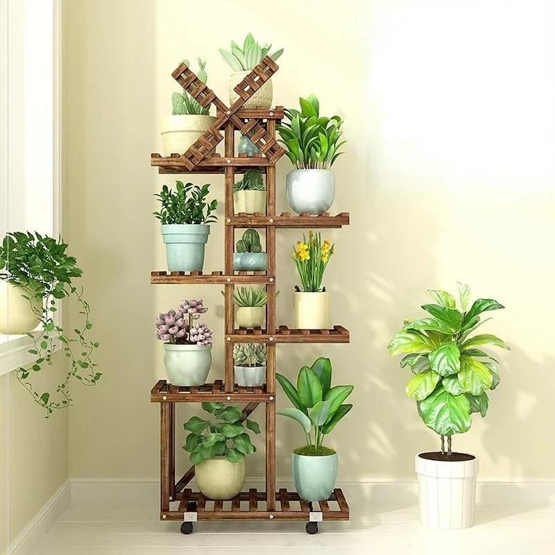 Multistorey Indoor Flower Shelf Balcony Wrought Iron Living Room Solid Wood Floor Plant Pot Rack Special Racks