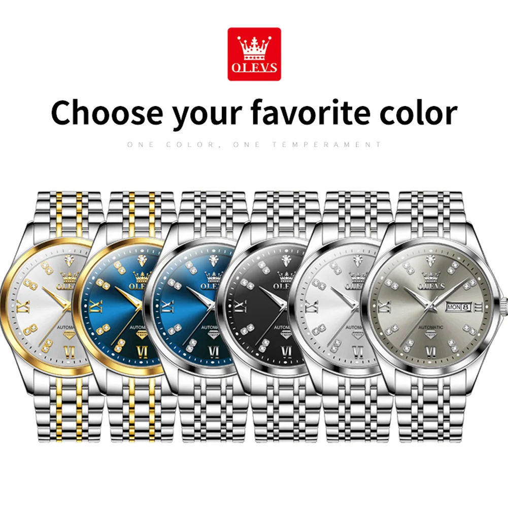 OLEVS 9801 Mens Watch Original Waterproof Luminous Automatic Mechanical Watch Dual Calendar Display Mens Gifts