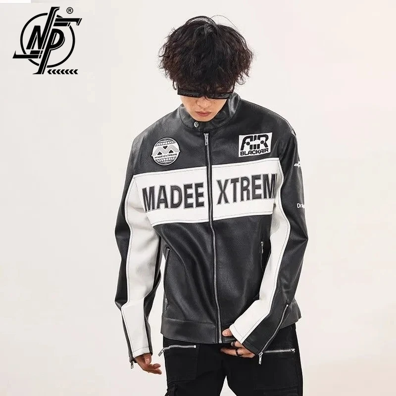 

American Retro PU Leather Racing Motorcycle Bomber Jackets Men Women Patchwork Letter Embroidery Zipper Fashion Outerwear
