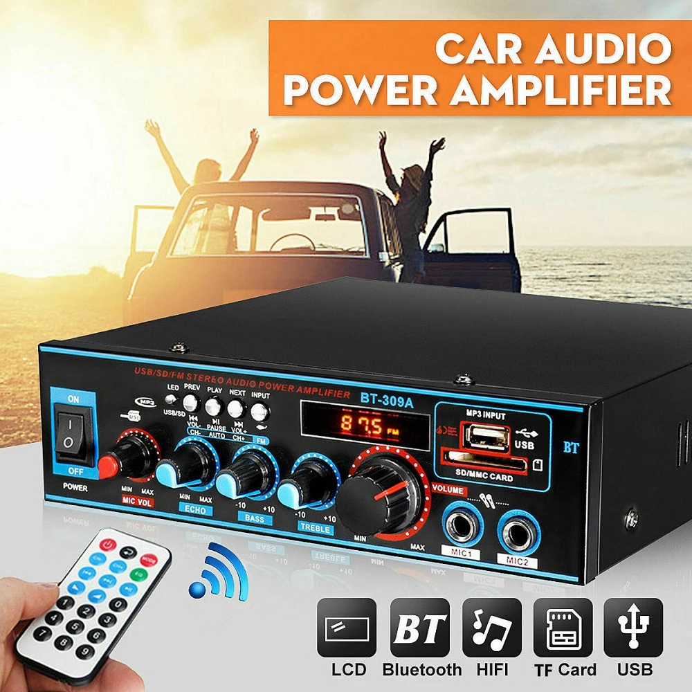 12V 220V 800W Bluetooth 5.0 Amplifier For Speakers 2.0 Channel Car Audio Power AMP Bass HIFI Music Player AUX FM TF With Remote