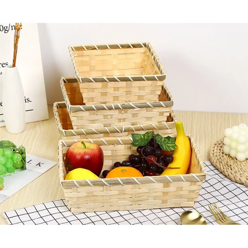 Simple Natural Color Bamboo Basket Rectangle Handmade Christmas Hamper Woven Wicker Bread Basket Home Shop Display 3