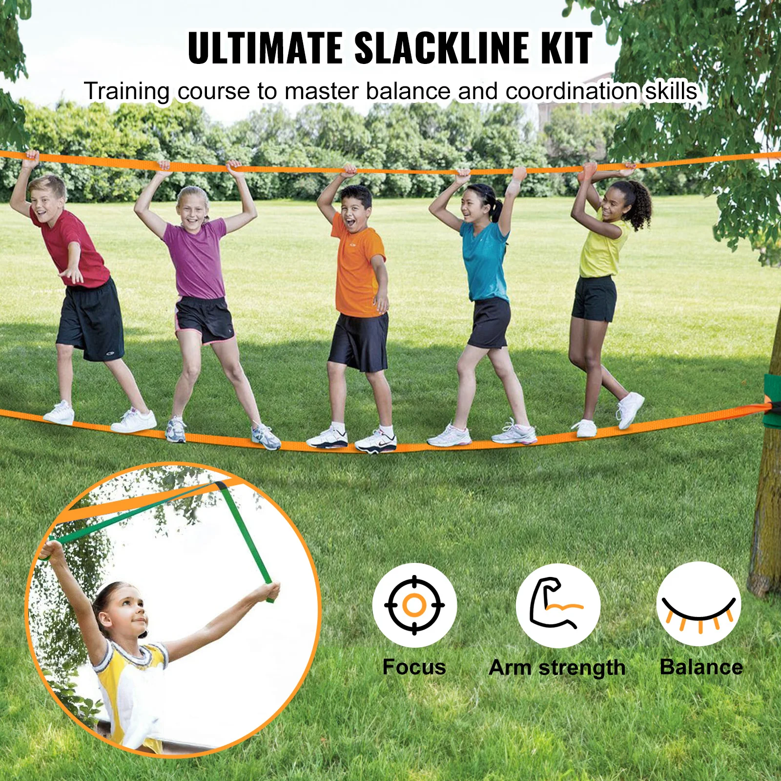 VEVOR Slackline Kit with Training Line Backyard Slack Line Equipment Tight Rope for Kids Adults Complete Slackline Set slackline kit