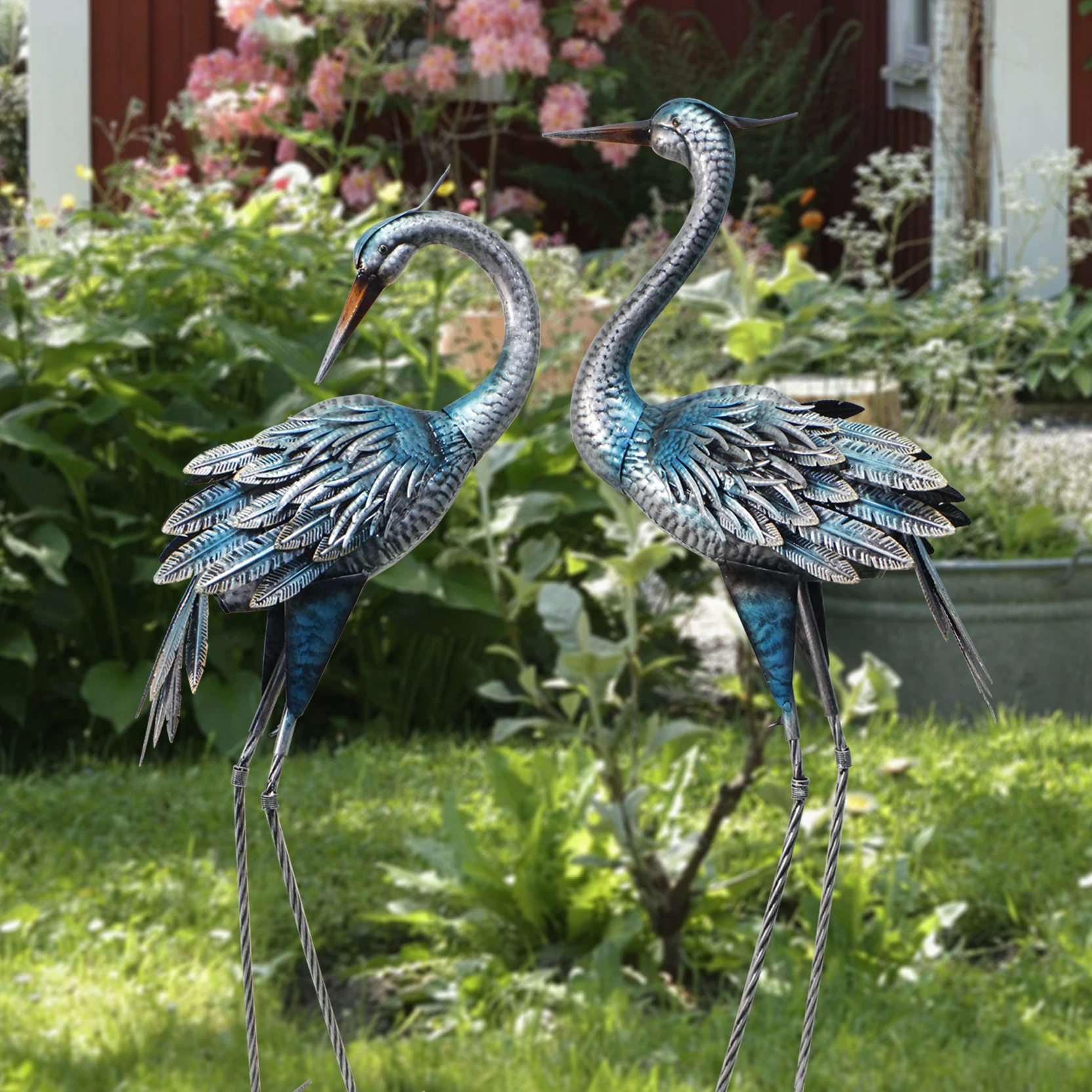 Rustic Metal Garden Crane Statues 2