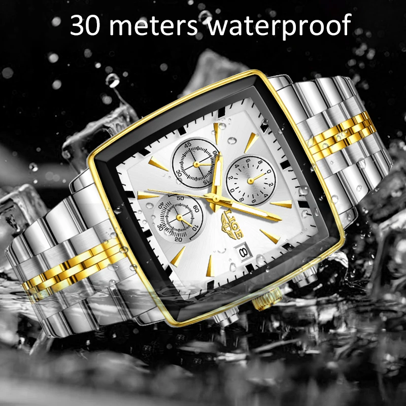 LIGE New Men's Quartz Watch Fashion Business Watch Men Square Stainless Steel Waterproof Luminous Chronograph Relogio Masculino