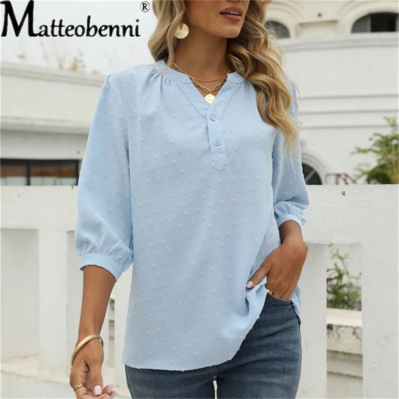 Spring Summer 2022 New V-neck Button Half Sleeve Shirt Women Blouse Fashion Jacquard Wool Ball Casual Loose Tops Clothes Blusas