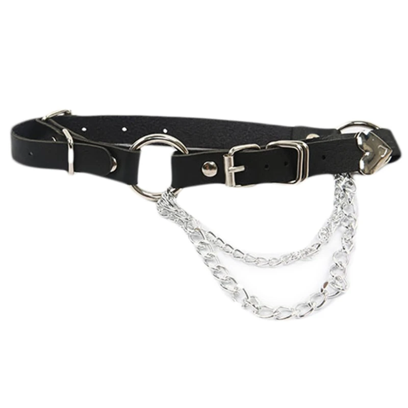 Grommet Belt Women Jeans Synthetic Leather Punk Aesthetic Waist Belts with Chain