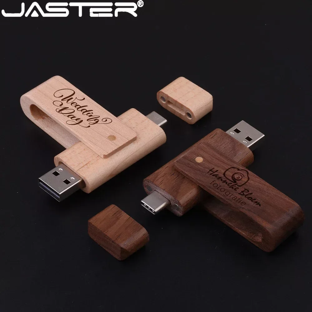 

JASTER Rotatable Wooden USB Flash Drives 128GB 2 in 1 TYPE-C Pen Drive 64GB Free Custom Logo Memory stick 32GB Creative gift