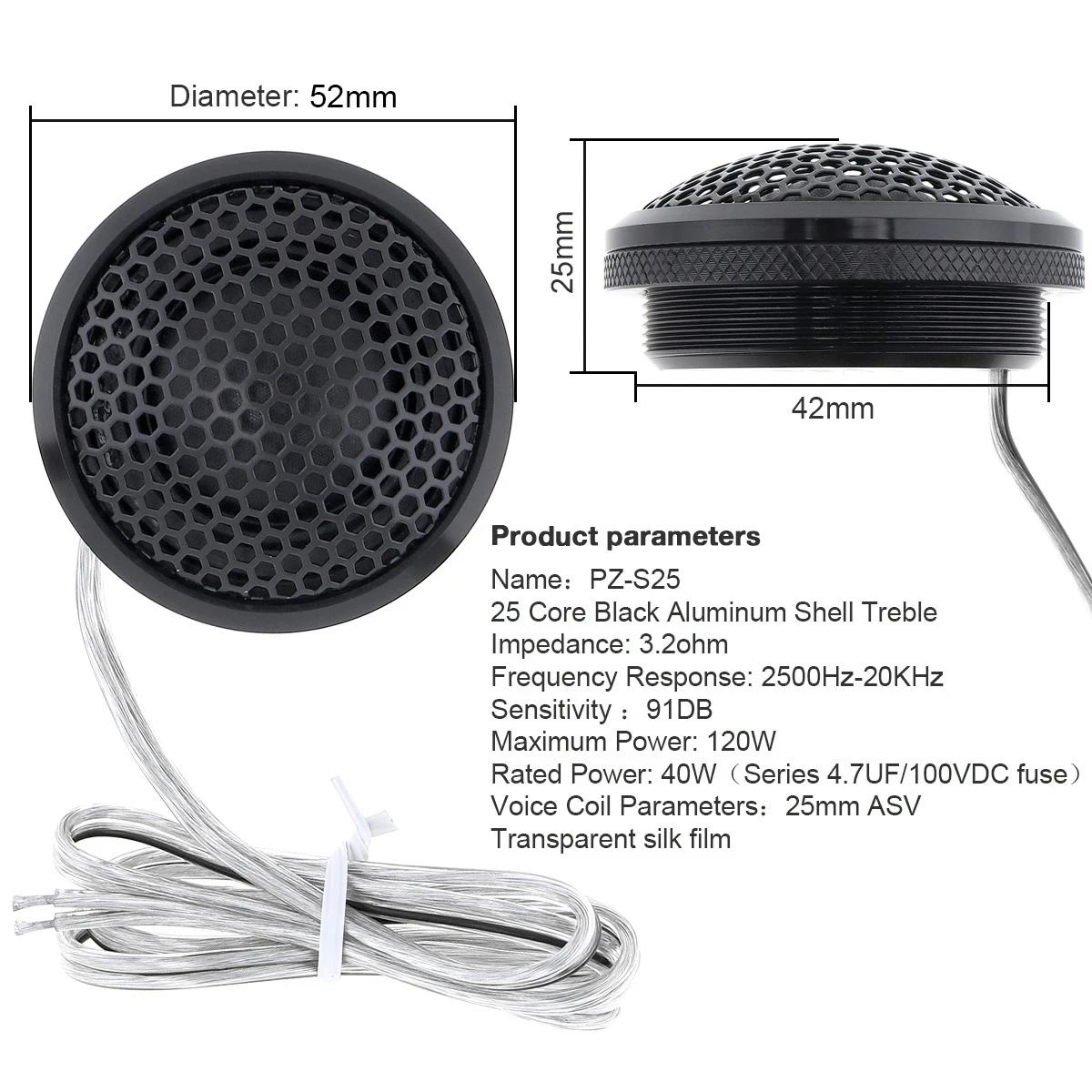 Dome Tweeter Speakers PZ-B25 2Pcs 120W Black Aluminium Shell Transparent Silk Stretch Film Hifi Speakers Auto Radio Stereo Speaker for Cars Dome Tweeter Speakers