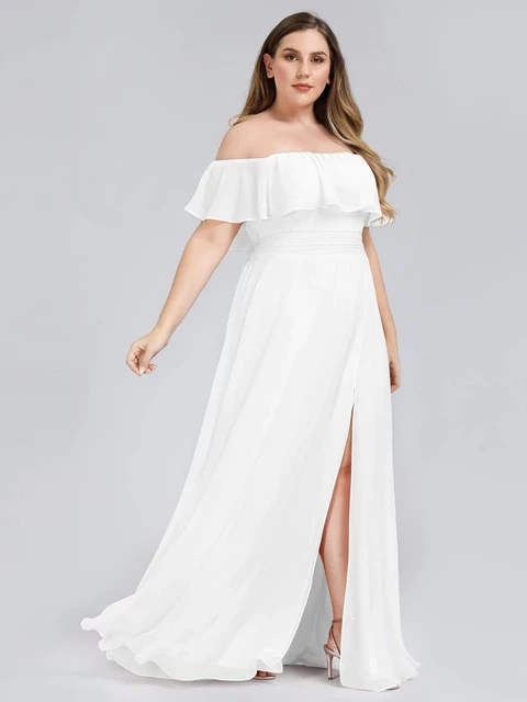 Plus Size Evening Dresses Off The Shoulder Bridesmaid 2022 Ever Pretty fo Long Lace Sleeve Elegant Prom Dress for Women EP00968 White