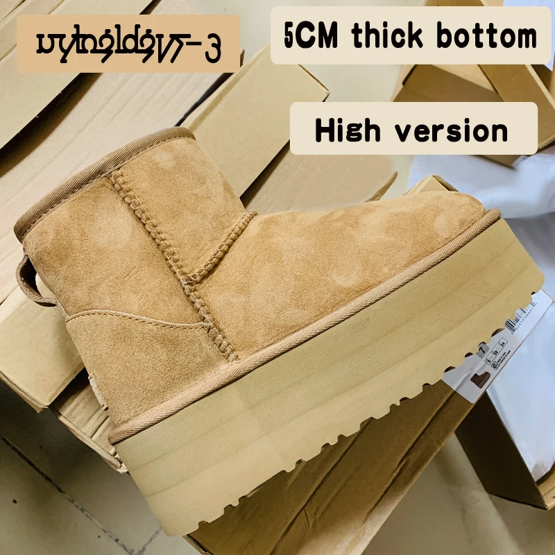 

2023 Winter Women's Snow Boots Natural Sheepskin Wool Anti slip Cowhide Short Boots 5CM Thick Sole Mid Sleeve Men's Cotton Boots