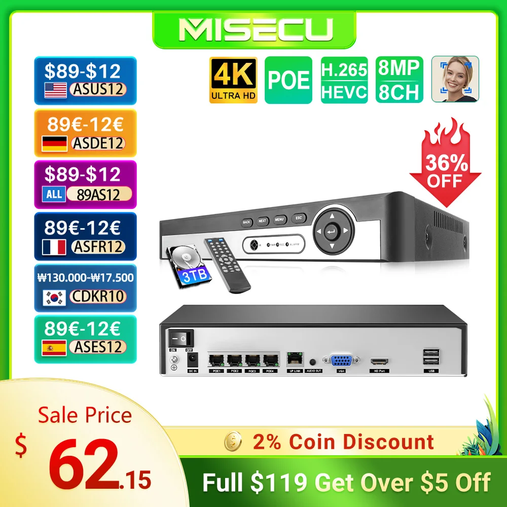 MISECU H.265 UHD 8CH 4K 5MP 8MP 1080P POE NVR Network Face Detect Two Way Audio Video Recorder For Security POE IP Camera ONVIF