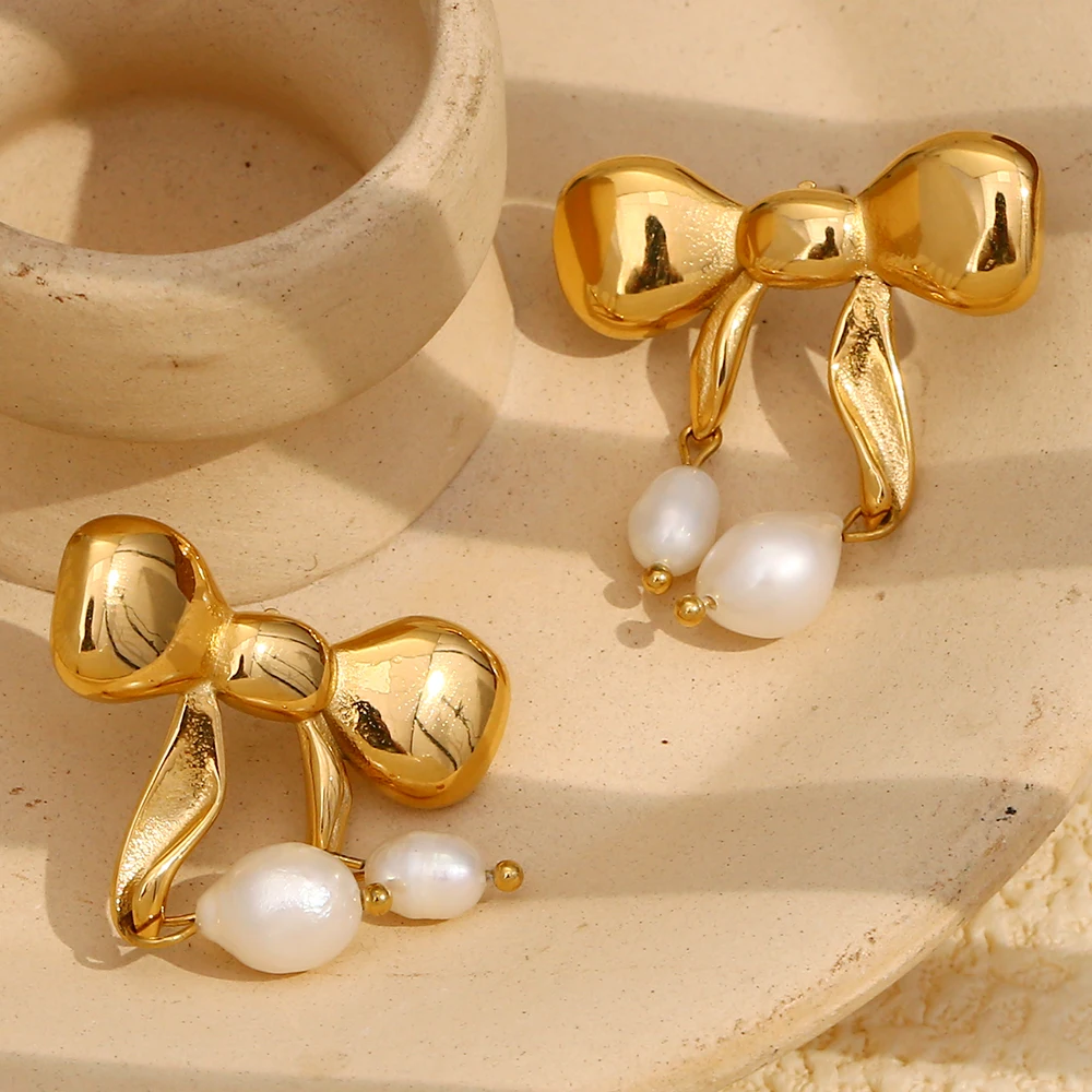 Elegant 18K Gold Plated Waterproof Stainless Steel Bow Pearl Earrings
