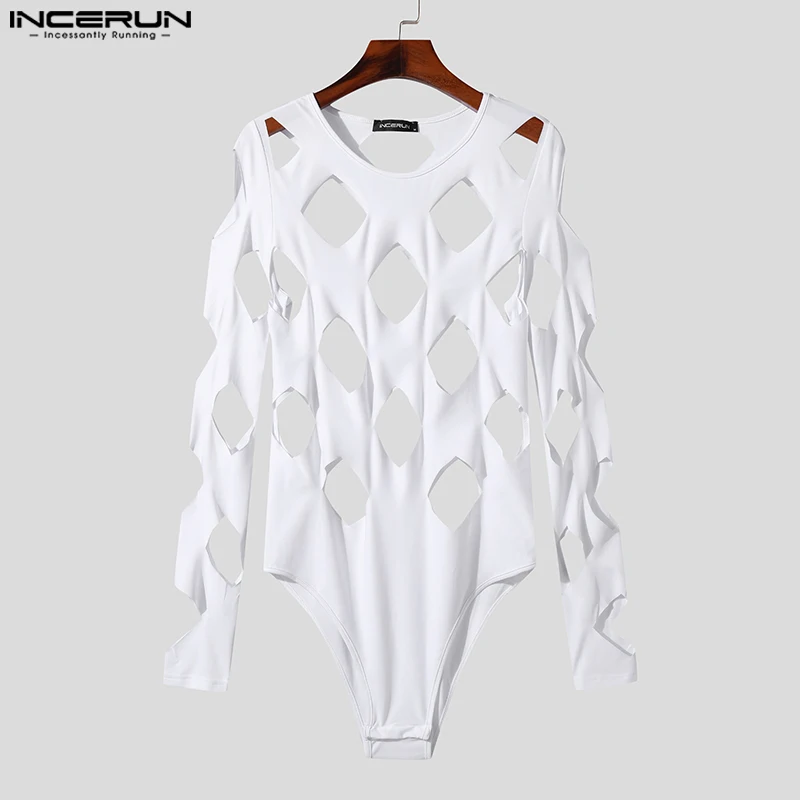 Men Bodysuits Solid Color Hollow Out Sexy O-neck Long Sleeve Men T Shirts Rompers Streetwear Fashion Bodysuit S-3XL